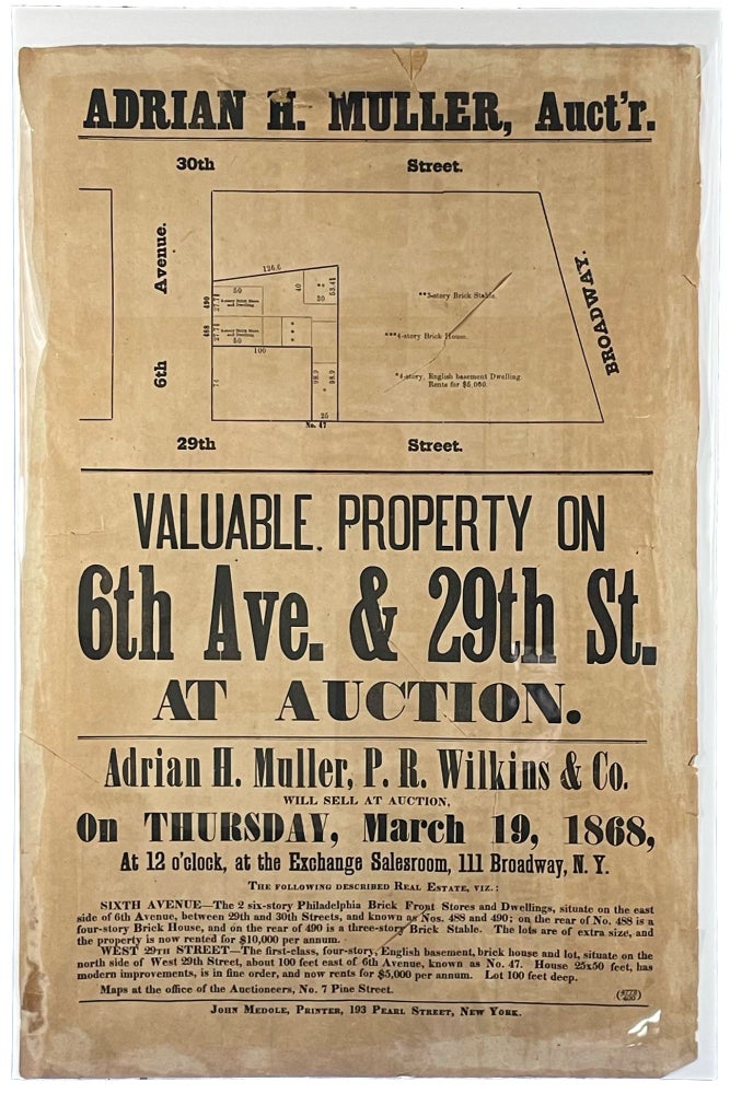 Item #39136 Valuable Property on 6th Ave. & 29th St. At Auction. [7 of 9 cartographically-illustrated Manhattan real estate auction broadsides]. auctioneer NEW YORK CITY - Adrian H. Muller.