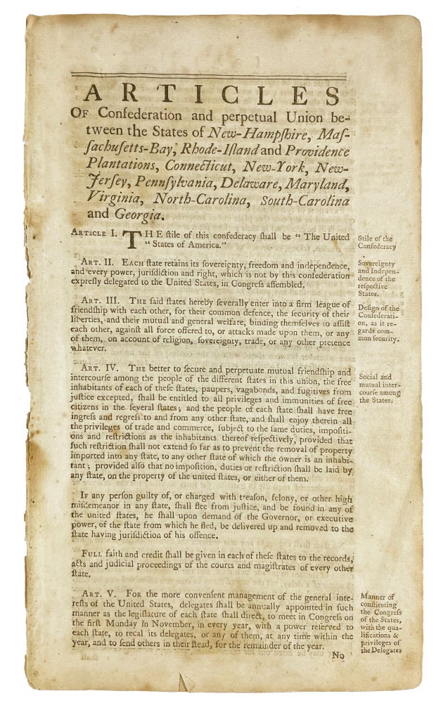 Item #40293 Articles of Confederation and Perpetual Union between the States of New-Hampshire, Massachusettes-Bay, Rhode-Island and Delaware, Maryland, Virginia, North-Carolina, South-Carolina, and Georgia. ARTICLES OF CONFEDERATION.