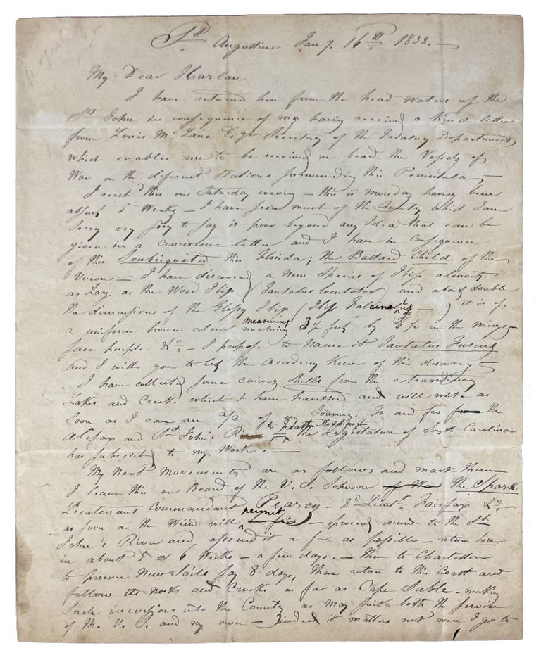 Item #41245 Autograph letter signed "J. J. Audubon" to naturalist Richard Harlan, discussing Audubon's publication of "The Birds of America" John James AUDUBON.