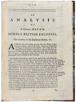 Geographical, Historical, Political, Philosophical and Mechanical Essays, the first, containing an analysis of a general map of the Middle British Colonies in America; and of the Country of the Confederate Indians...
