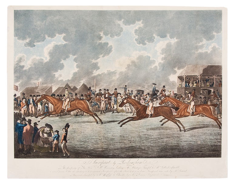 Item #5174 Sacripant by Rockingham. The property of The Honble. J W Coventry, beating Mr Whaley's Tuneful & Mr. Ladbroke's Chuckle, over Epsom Odds at starting 10 to 1 against Sacripant after the Start, 2 to 1 on him, Sacripant was rode by Mr Samuel Barnard, Tuneful by Mr W Cliff & Chuckle by Mr Dennis Fitzpatrick. HARDING, publishers.